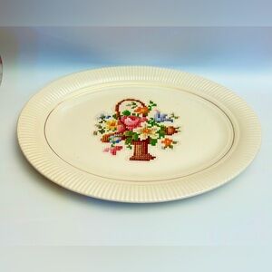 Vtg Salem USA Gold Trim 11.5" Flower Basket Cross Stitch Serving Platter